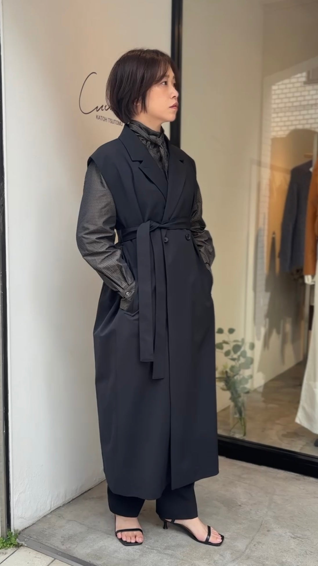 ウールギャバロングジレ(ブラック)