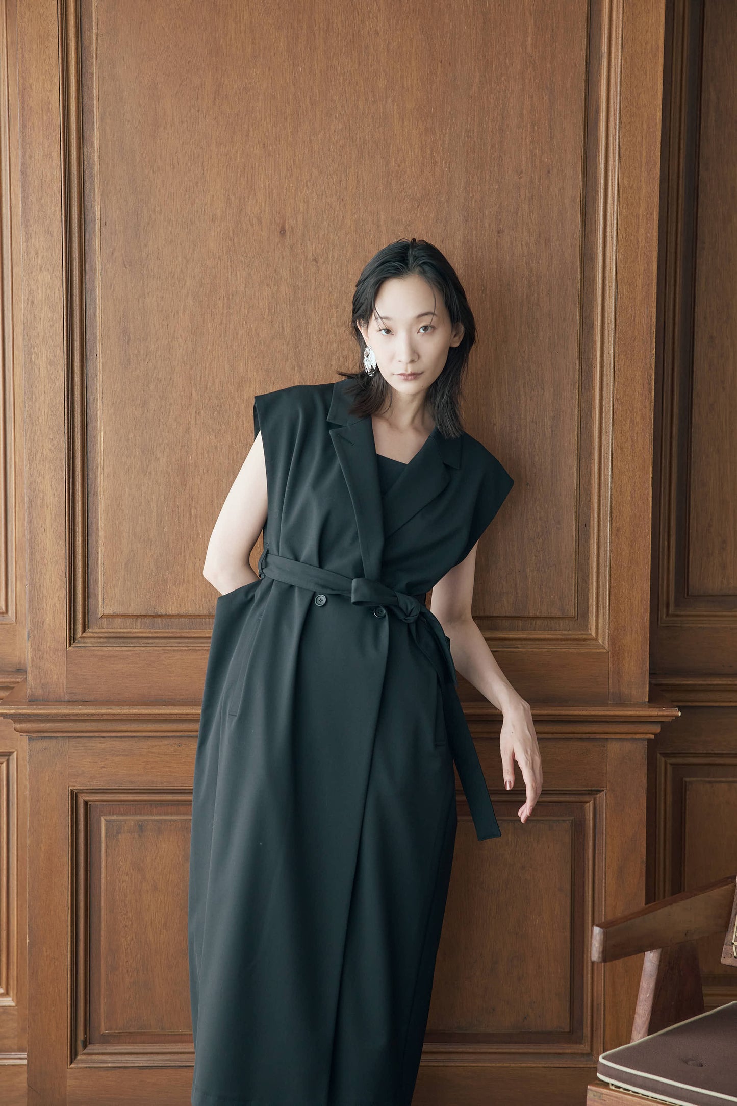 ウールギャバロングジレ（ブラック）