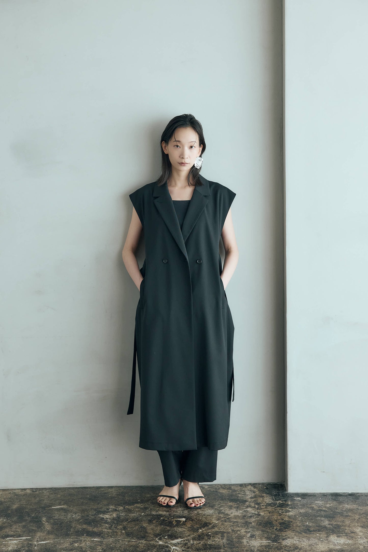 ウールギャバロングジレ（ブラック）