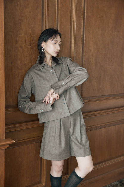 サキソニーヘリンボーンコンパクトシャツ（ブラウン）