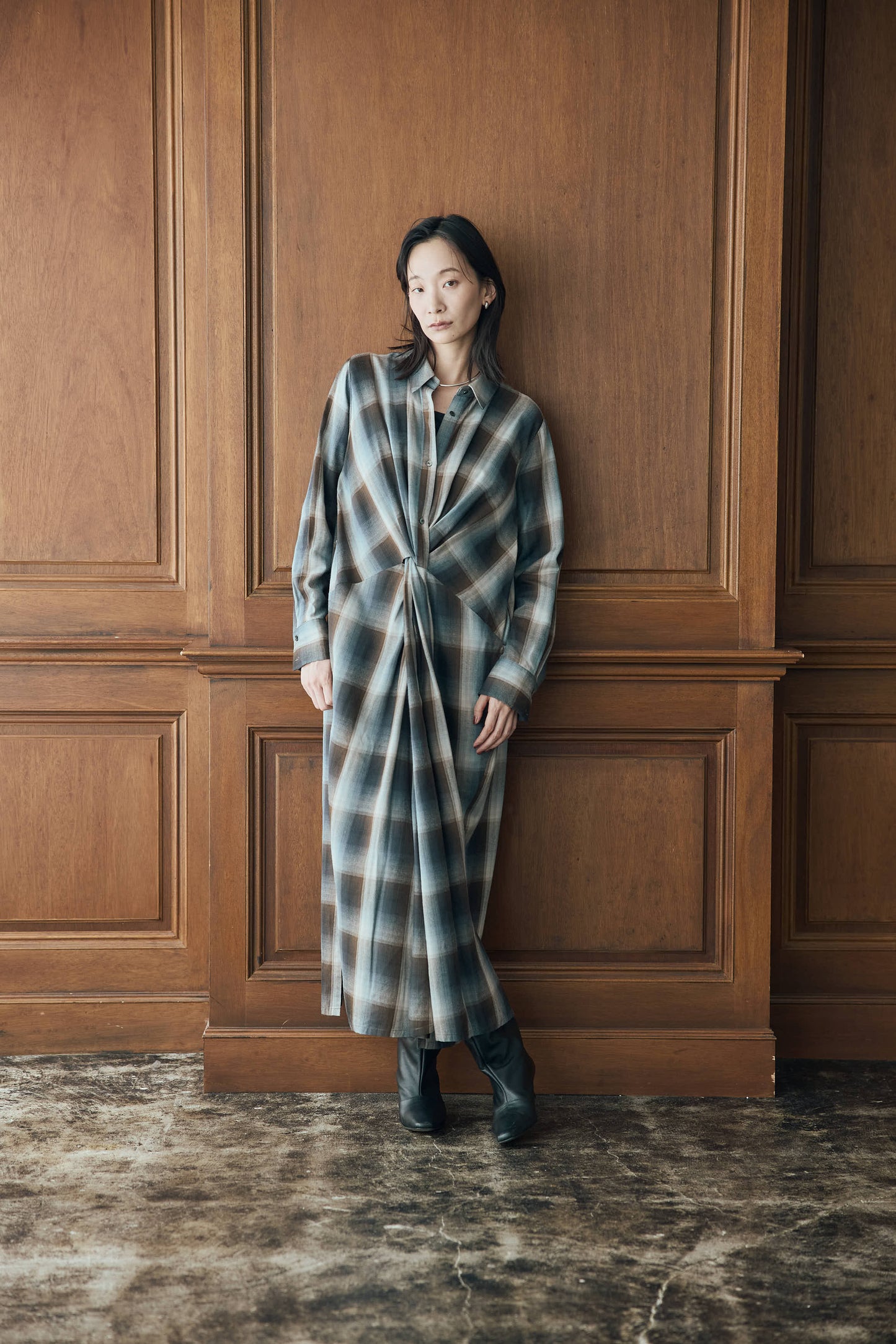 マドラスチェックシャツワンピース（ブラウン）