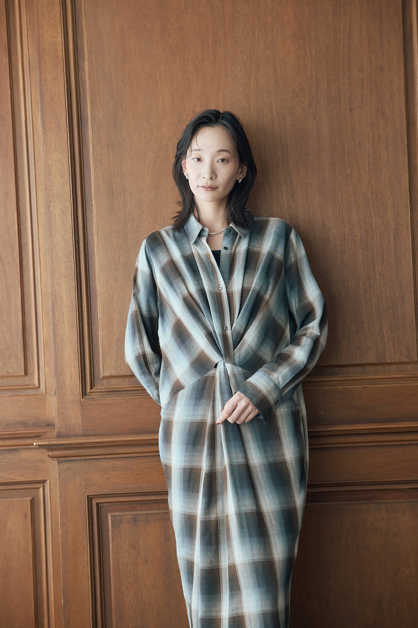 マドラスチェックシャツワンピース（ブラウン）