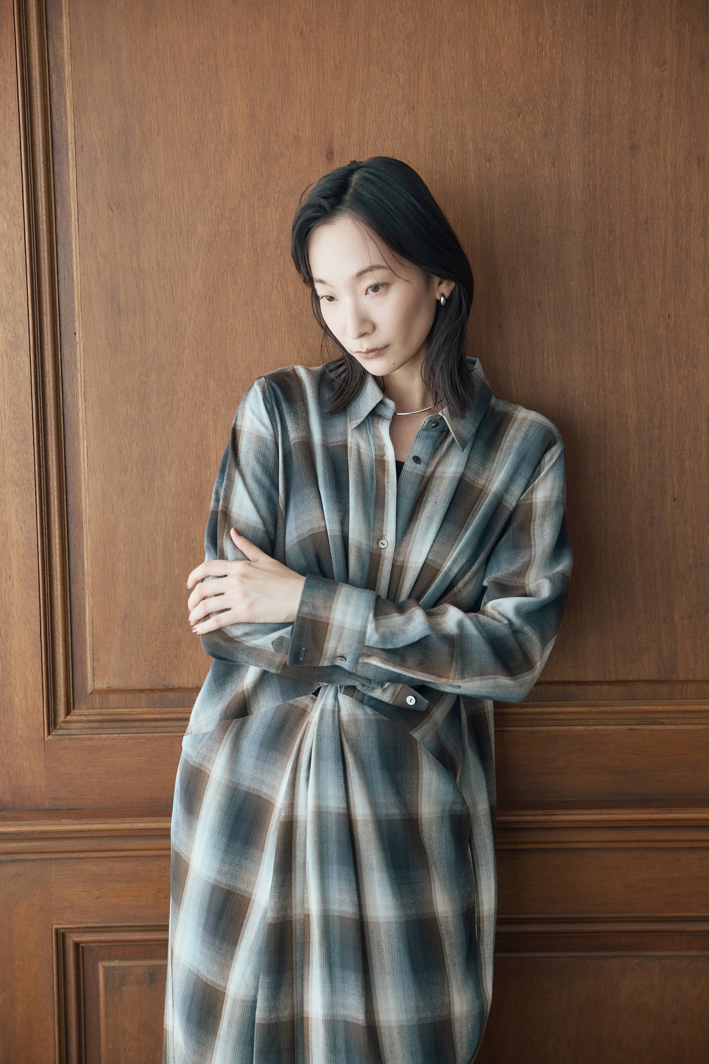 マドラスチェックシャツワンピース（ブラウン）