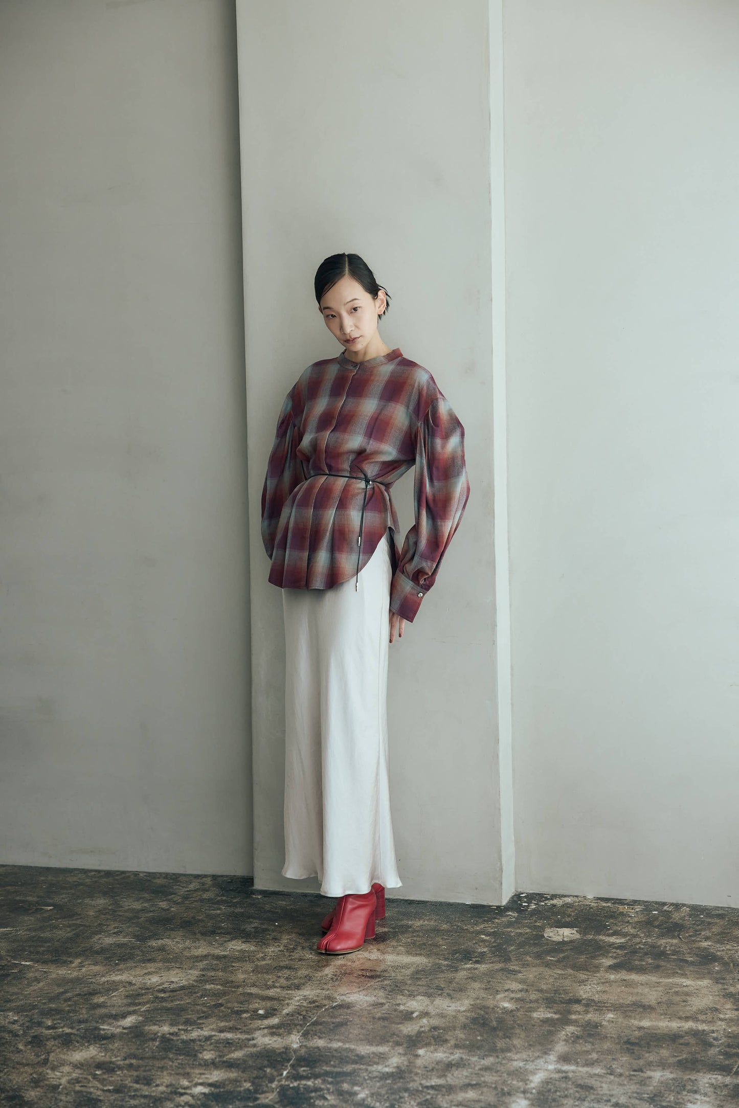 マドラスチェックボリュームブラウス（ブラウン）