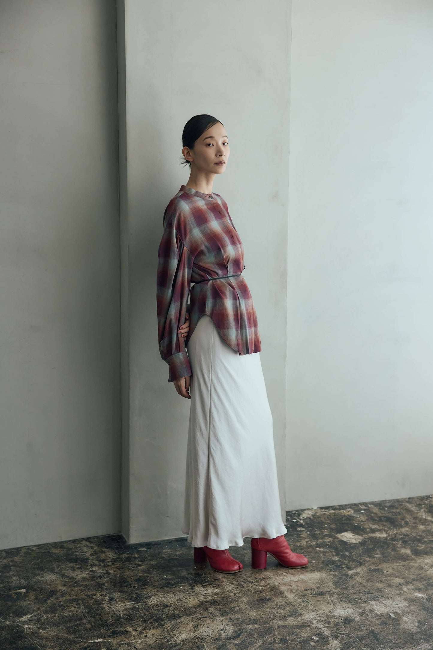 マドラスチェックボリュームブラウス（レッド）