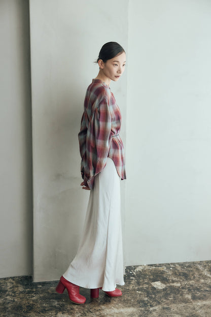 マドラスチェックボリュームブラウス（ブラウン）