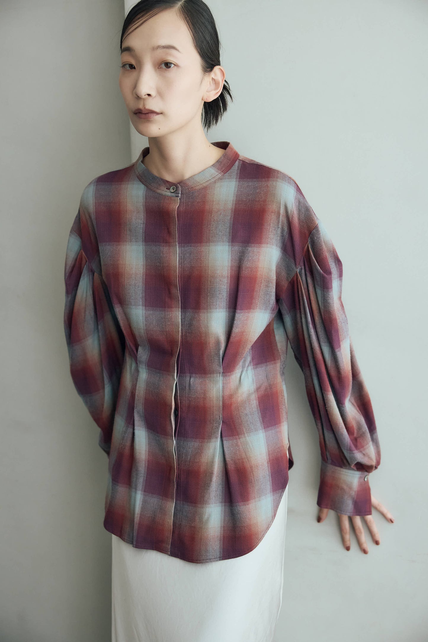 マドラスチェックボリュームブラウス（レッド）