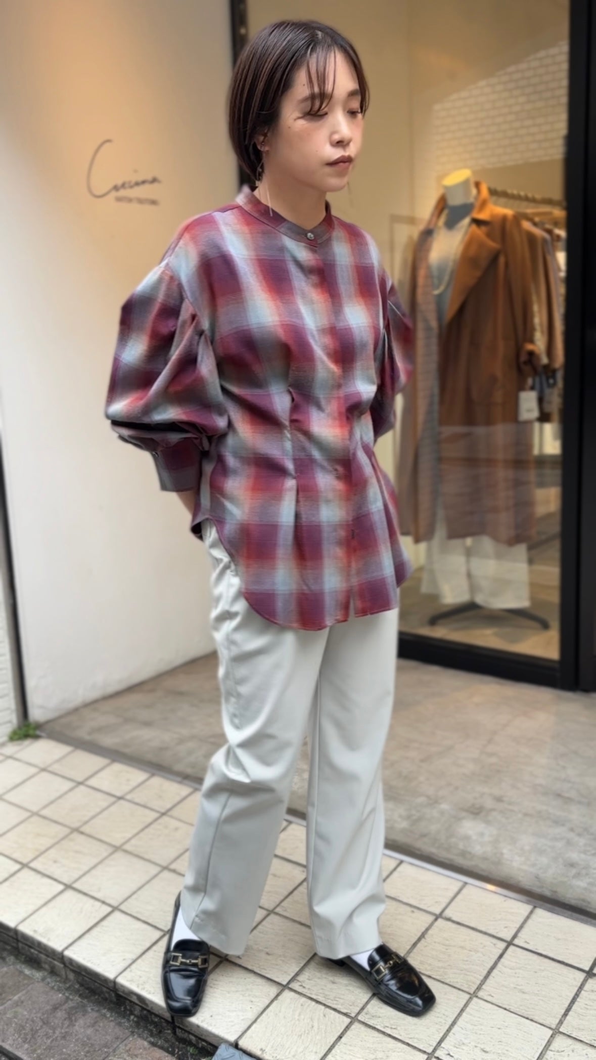 マドラスチェックボリュームブラウス（レッド）