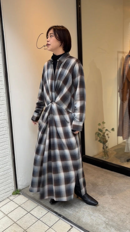 マドラスチェックシャツワンピース（ブラウン）