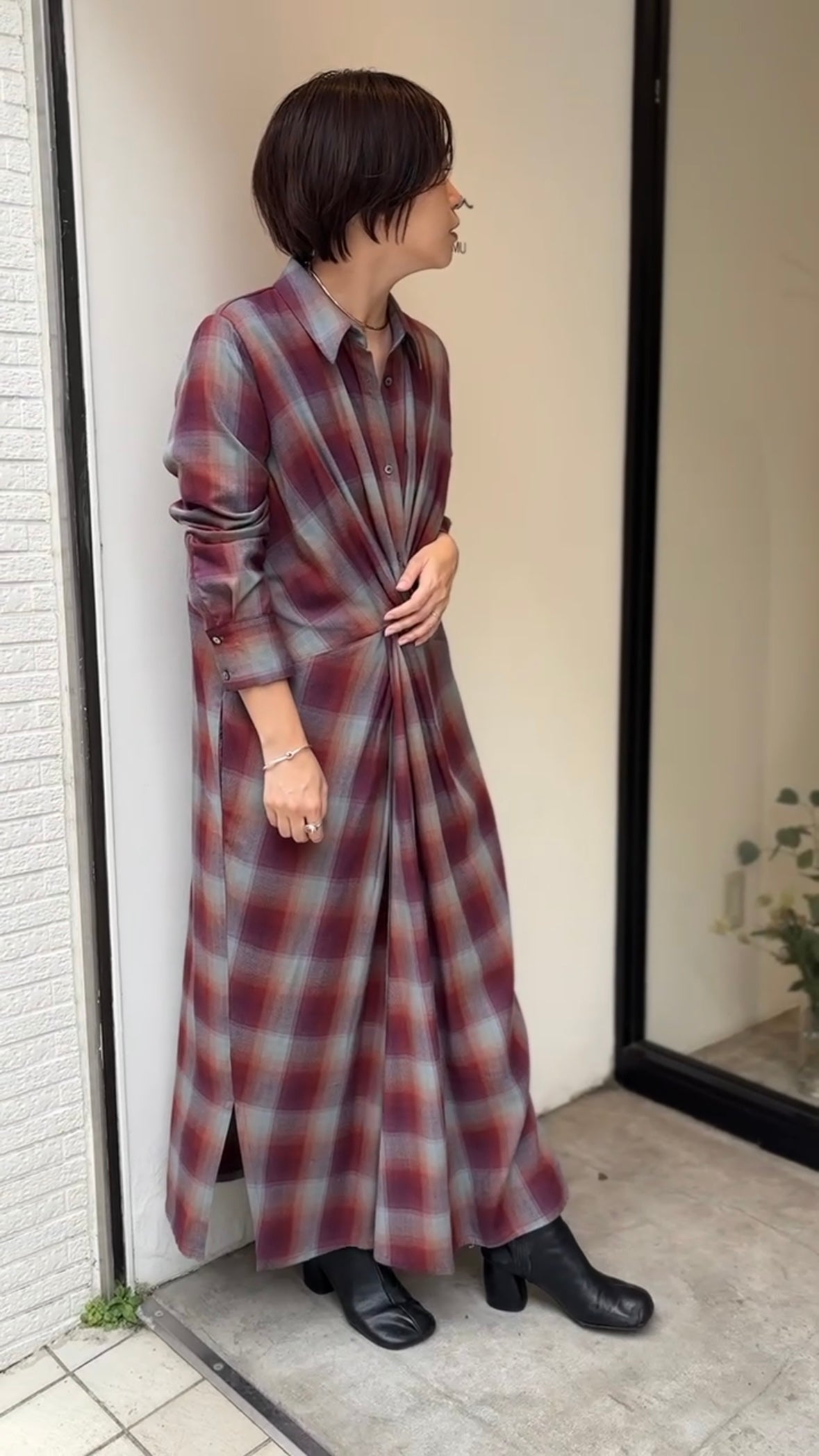 マドラスチェックシャツワンピース（レッド）