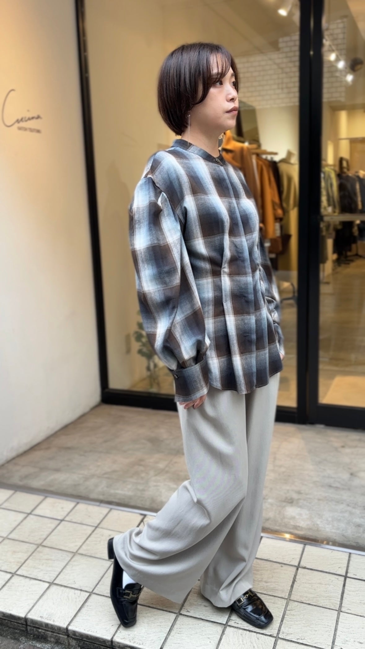 マドラスチェックボリュームブラウス（ブラウン）