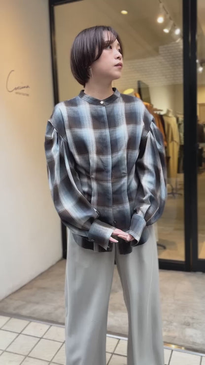 マドラスチェックボリュームブラウス（ブラウン）